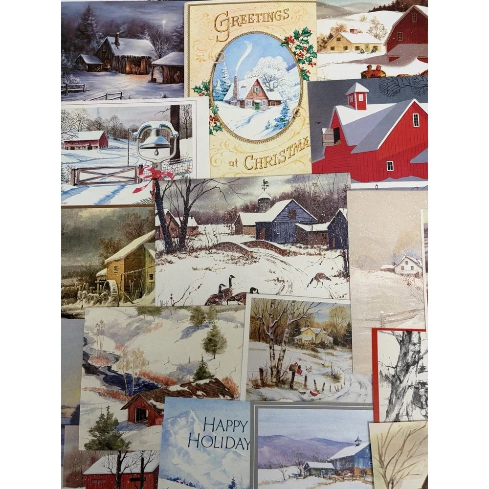 Vintage Christmas Cards Fronts ONLY Houses Barns More Scrapbooking Crafts 45+
